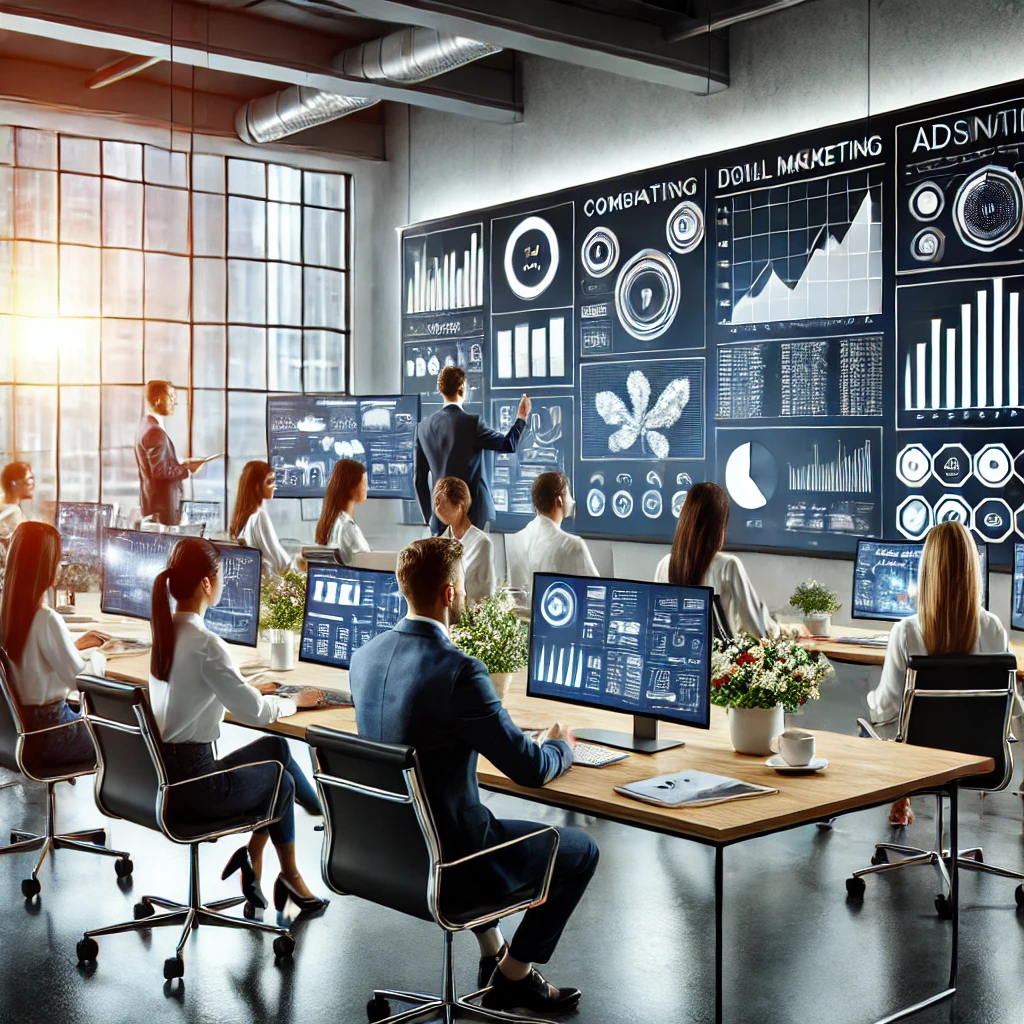 DALL·E 2025-03-08 22.38.19 - A professional digital marketing agency workspace. The scene features a team of marketers working on campaign strategies, analyzing data, and optimizi