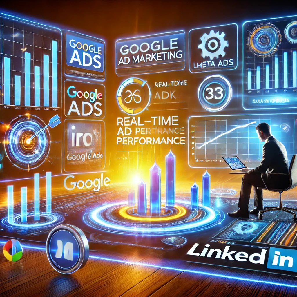 DALL·E 2025-03-09 01.31.49 – A vibrant and modern digital marketing-themed image focusing on performance marketing. The scene includes a marketer analyzing real-time ad performanc Performance marketing