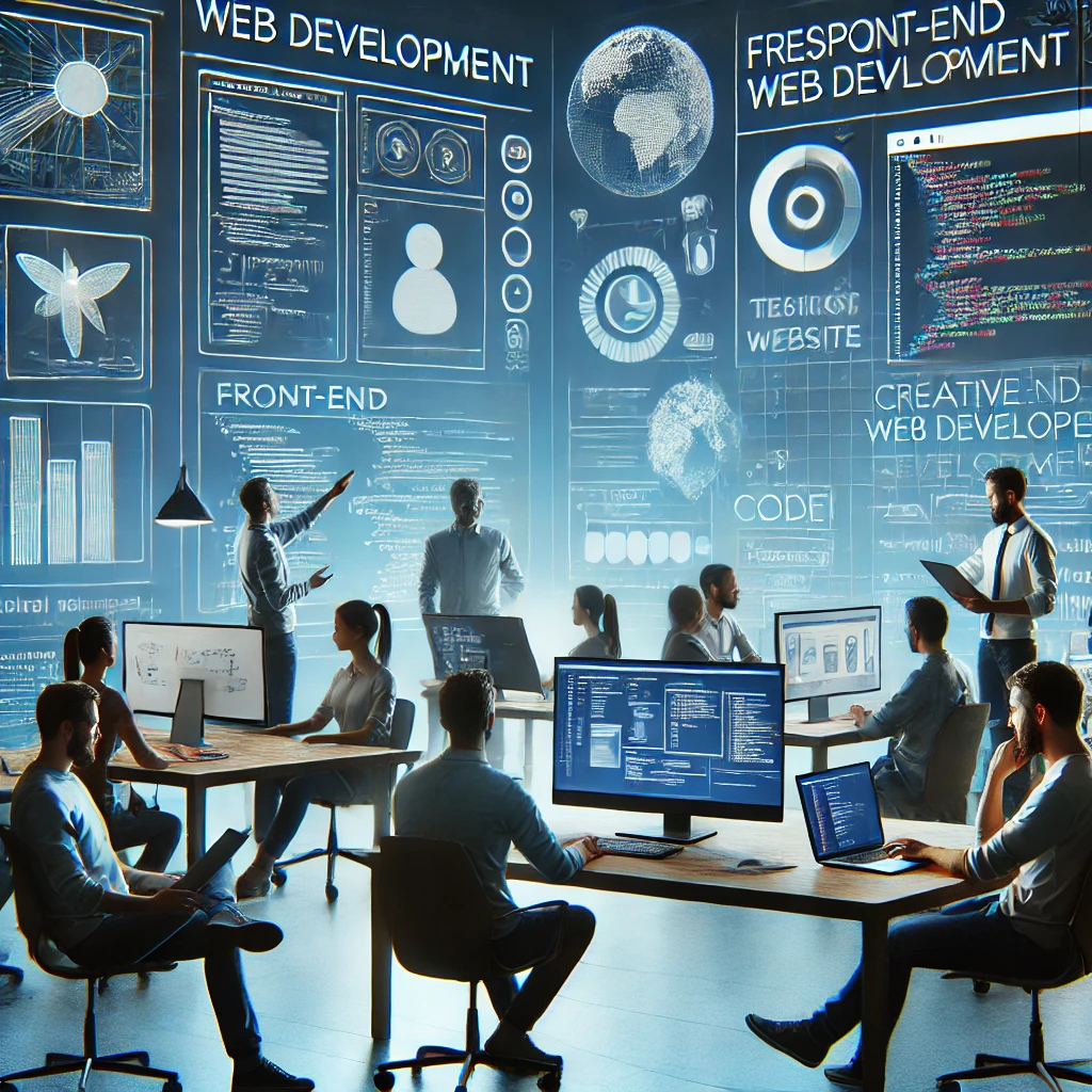 DALL·E 2025-03-09 14.05.03 – A creative web development environment. The image showcases developers collaborating on building responsive websites, coding, and testing functionalit Img