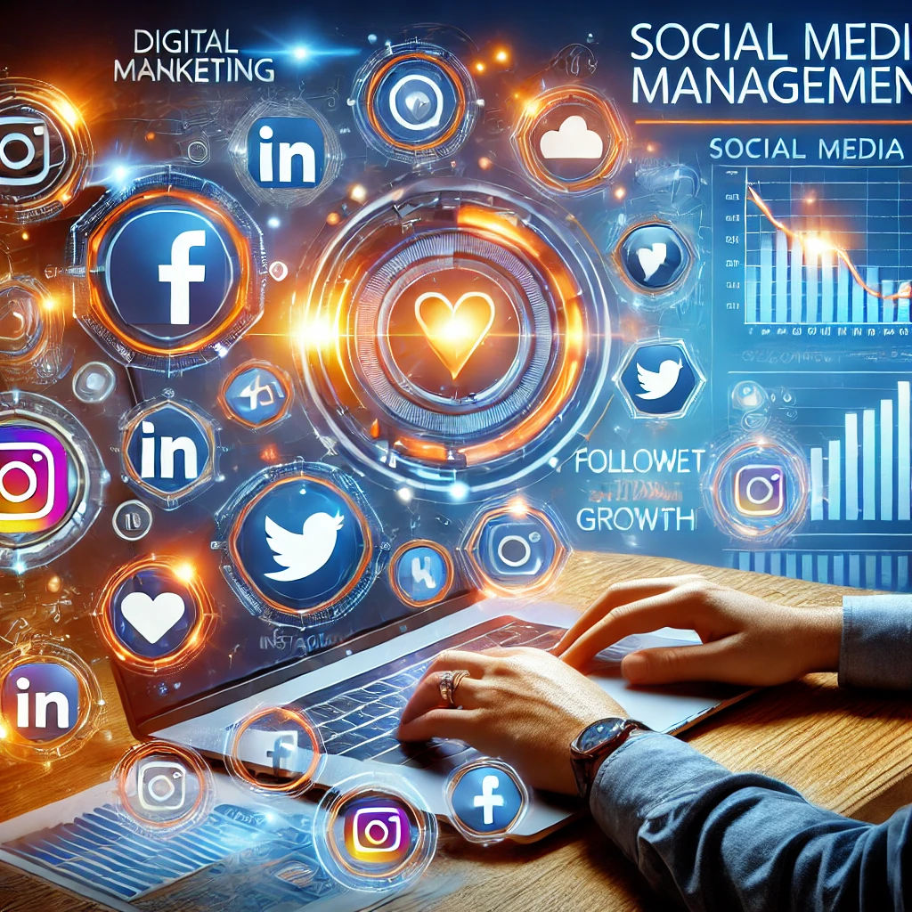 DALL·E 2025-03-09 21.55.34 – A modern and vibrant digital marketing-themed image representing social media management. The design features a marketer working on a laptop with floa Img