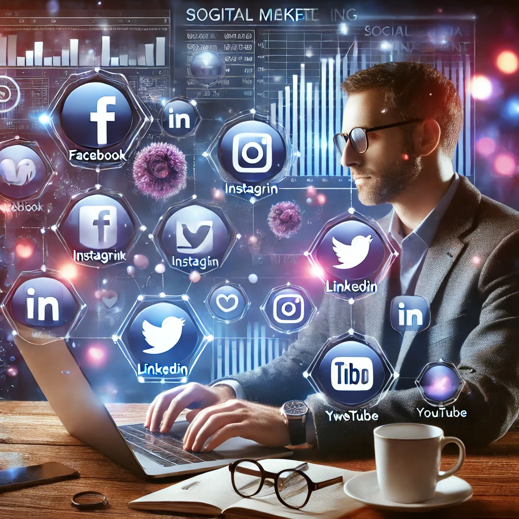 DALL·E 2025-03-09 21.55.37 – A professional and modern digital marketing-themed image showcasing social media management. The design includes a marketer working on a laptop with f Img